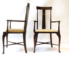 A pair of Arts and Crafts armchairs with stylised floral details - Thumbnail 2