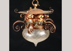 C R Ashbee (manner). An Arts and Crafts copper and glass ceiling light - Thumbnail 1