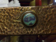 Liberty and Co. An Arts and Crafts copper mirror with a little blue Ruskin jewel to the top. - Thumbnail 3