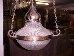 An Arts and Crafts copper hanging light with original glass bowls - Thumbnail 2