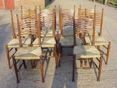 William Birch. A rare set of ten Arts and Crafts rush seated ladder back dining chairs - Thumbnail 1