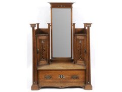 An impressive Arts and Crafts oak dressing table with pewter and ebony stylised floral inlays. - Thumbnail 1