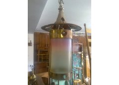 An Arts and Crafts silver plated hanging lantern with stylised cut-outs and a Vaseline and Cranberry shade - Thumbnail 1