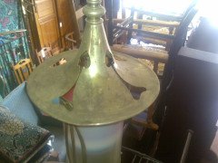 An Arts and Crafts silver plated hanging lantern with stylised cut-outs and a Vaseline and Cranberry shade - Thumbnail 3