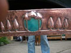 Talwin Morris (style of). A Glasgow School mirror with stylised floral repousse copper work - Thumbnail 2