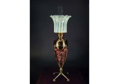 WAS Benson. A brass and copper 4 leg oil lamp in the form of a large flower with original James Powell Vaseline shade - Thumbnail 1