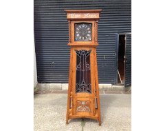 E A Taylor. A rare Arts and Crafts Glasgow school oak grandfather clock with inlaid pewter motto to the top 'TIME FLIES'. - Thumbnail 1