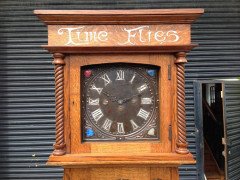 E A Taylor. A rare Arts and Crafts Glasgow school oak grandfather clock with inlaid pewter motto to the top 'TIME FLIES'. - Thumbnail 4