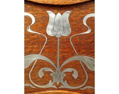 E A Taylor. A rare Arts and Crafts Glasgow school oak grandfather clock with inlaid pewter motto to the top 'TIME FLIES'. - Thumbnail 10