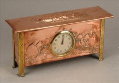 George Walton. An Arts and Crafts embossed copper and brass mantel clock - Thumbnail 1