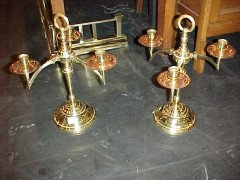 WAS Benson. A pair of brass and copper candelabras - Thumbnail 1