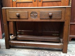 An 1960s oak side table with inset marble top. - Thumbnail 1