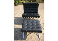 Mies Van Der Rhoe. A pair of black leather and Chrome Barcelona chairs with matching Ottomans/stools - Thumbnail 2