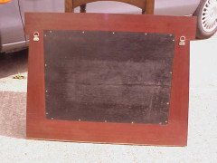 An Arts and Crafts mahogany style mirror with subtle angular form with a light blue Ruskin Heart to the top - Thumbnail 5