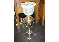 A brass and copper oil lamp with Vaseline floral shade - Thumbnail 1
