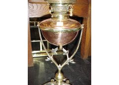 A brass and copper oil lamp with Vaseline floral shade - Thumbnail 2
