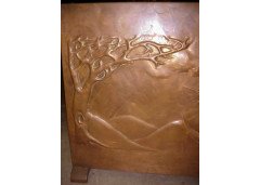 A copper fire screen with an owl standing on the crescent moon beside a stylised tree - Thumbnail 3