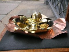 WAS Benson. A copper and brass ceiling light in the form of a large flower - Thumbnail 2