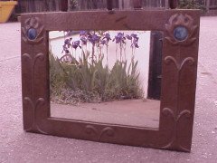 John Pearson. A superb Arts and Crafts copper mirror with beautiful blue Ruskin roundels - Thumbnail 1