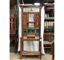An Arts and Crafts oak hallstand with leaded glass panel to top - Thumbnail 1