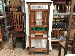 An Arts and Crafts oak hallstand with leaded glass panel to top - Thumbnail 3