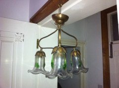 Arts and Crafts Three Branch Brass Ceiling Light with Petal Fitters - Thumbnail 2