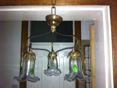 Arts and Crafts Three Branch Brass Ceiling Light with Petal Fitters - Thumbnail 4