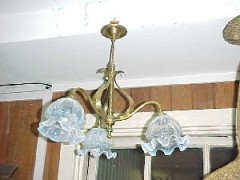 An Arts and Crafts brass three arm ceiling light with shades - Thumbnail 1