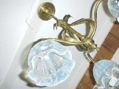 An Arts and Crafts brass three arm ceiling light with shades - Thumbnail 2