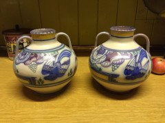 Poole Pottery. A pair of vases with prancing deer and colourful floral detail. - Thumbnail 1