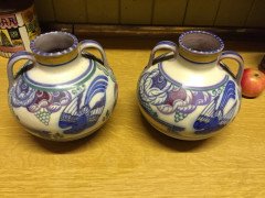 Poole Pottery. A pair of vases with prancing deer and colourful floral detail. - Thumbnail 2