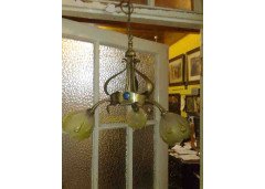 A ceiling lamp with stylised floral hand formed details, inset with three Ruskin jewels. - Thumbnail 1