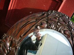 A large Arts and Crafts oak mirror with floral carving of superior craftsmanship. - Thumbnail 7