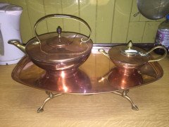 WAS Benson. A copper and brass warming tray, with stylised feet. - Thumbnail 2
