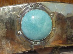 Liberty and Co. A brass mirror with four Ruskin ceramic discs rivetted into place. - Thumbnail 2