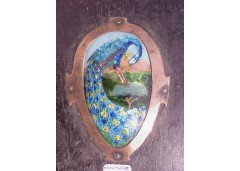 A vanity mirror with an enamelled stylised Peacock to the back and an enamelled letter amongst green heart shaped leaves. - Thumbnail 2
