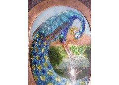 A vanity mirror with an enamelled stylised Peacock to the back and an enamelled letter amongst green heart shaped leaves. - Thumbnail 4