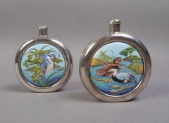 A pair of Moorcroft silver hip flasks, with enamel river scenes. - Thumbnail 1