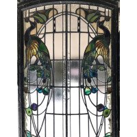 A stunning bow fronted stained glass Peacock panel in its original window frame - Thumbnail 1
