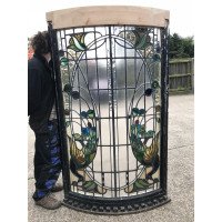 A stunning bow fronted stained glass Peacock panel in its original window frame - Thumbnail 2