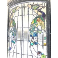 A stunning bow fronted stained glass Peacock panel in its original window frame - Thumbnail 3