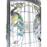 A stunning bow fronted stained glass Peacock panel in its original window frame - Thumbnail 4