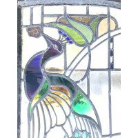 A stunning bow fronted stained glass Peacock panel in its original window frame - Thumbnail 5