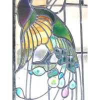 A stunning bow fronted stained glass Peacock panel in its original window frame - Thumbnail 6