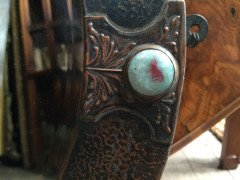 Liberty and Co (style of). An Arts and Crafts circular copper mirror inset with four turquoise and red Ruskin jewels. - Thumbnail 3