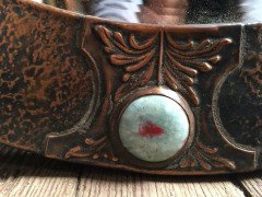 Liberty and Co (style of). An Arts and Crafts circular copper mirror inset with four turquoise and red Ruskin jewels. - Thumbnail 4