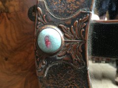 Liberty and Co (style of). An Arts and Crafts circular copper mirror inset with four turquoise and red Ruskin jewels. - Thumbnail 5