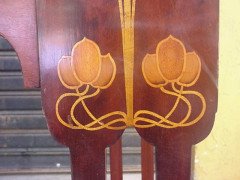 Shapland and Petter. A fantastic mahogany desk inlaid with stylised flowers of various fruit woods - Thumbnail 8