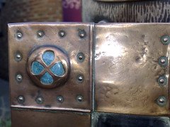 An Arts and Crafts copper mirror with blue Ruskin jewels - Thumbnail 11