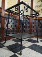 Mid Century French Glass & Wrought Iron 2 Tier Tea or Dessert Trolley on Castors - Thumbnail 8